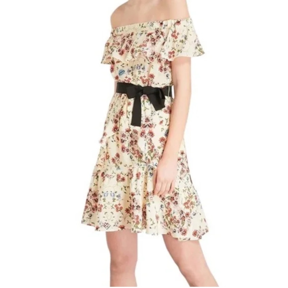 Maje 100% silk Floral Off-Shoulder Dress with Black Belt size 3 ( fits M/L) - Picture 9 of 11